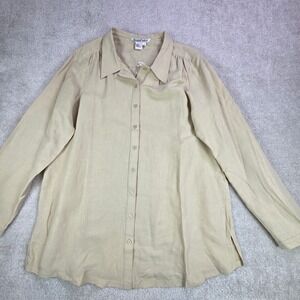 Winter Silks Women's Khaki Linen Silk Blend Button Up Tunic Shirt XL
